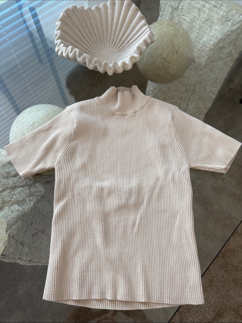 Cream Short-Sleeve Mock Neck Rib Knit Top